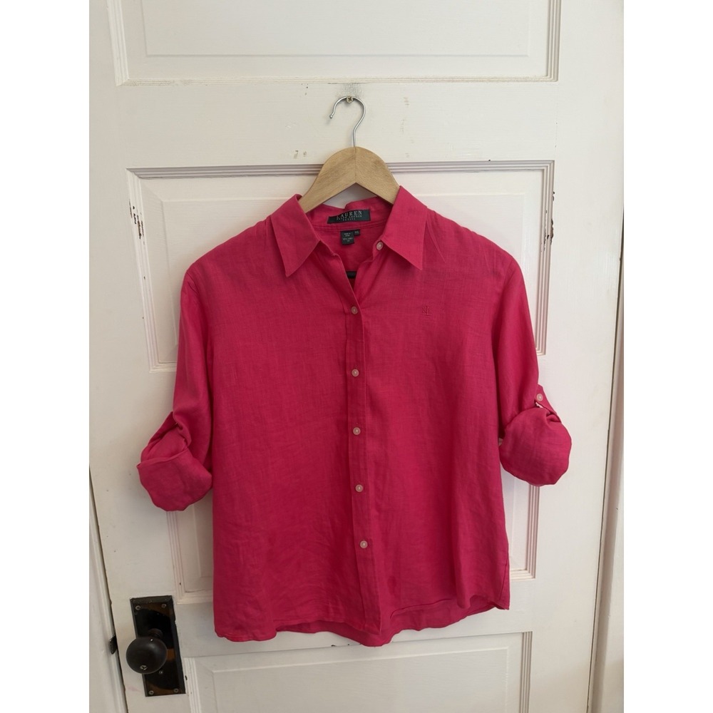 Lauren Ralph Lauren Women's‎ Pink 100% Linen Long Roll Tab Sleeve Shirt Size SP